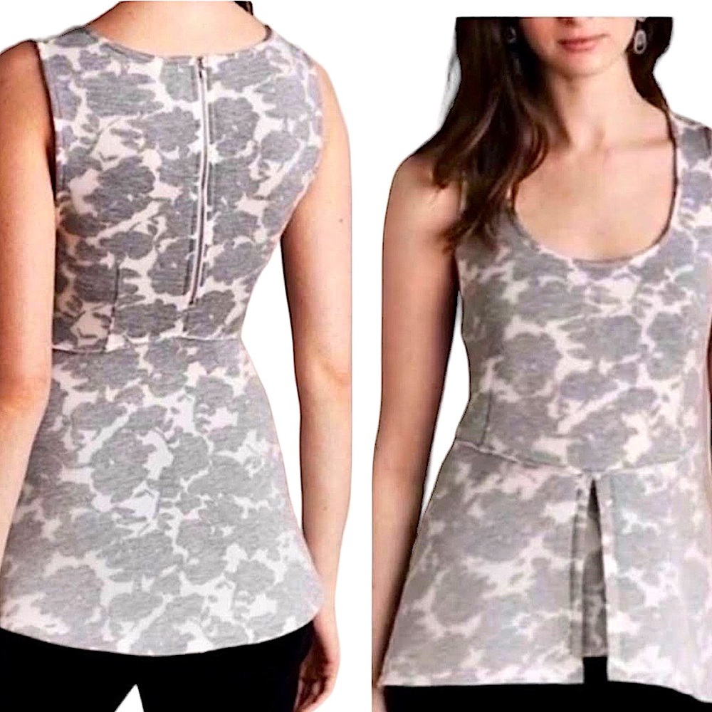 AKEMI + KIN x ANTHROPOLOGIE: Gray Motif Floral Scuba Peplum Blouse- Size Medium